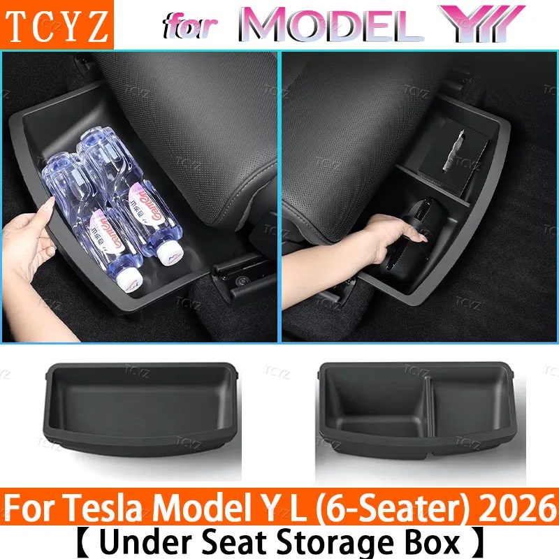 For Tesla Model YL 2026 6-Seater Under Seat Storage BoxTPE Drawer Front Rear Seat Lower Organizer Tray Car Interior Accessories