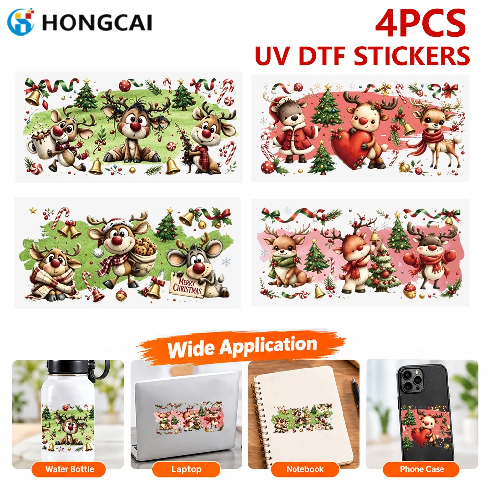 4PCS Christmas Reindeer UV Crystal Label Stickers, DIY Personalized Decals for Glass Cups, Tumblers, Laptops & Phone Cases