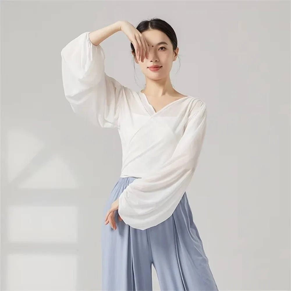 Mesh Design Dance Top Long Sleeve V-Neck Chinese Folk Dance Top Lantern Sleeve Soft Fabric Classical Dance Tops Dance Training