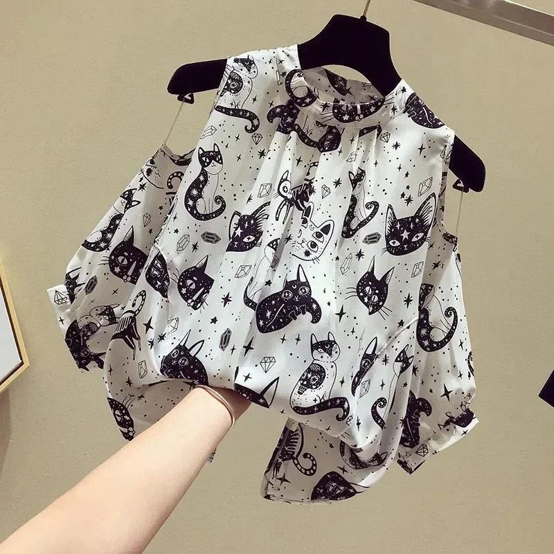 Cat Cartoon Print Chiffon Vintage O-Neck Short Sleeve Loose Women's Blouse Shirt Korean Female Clothing Tops 2024 Summer CY456