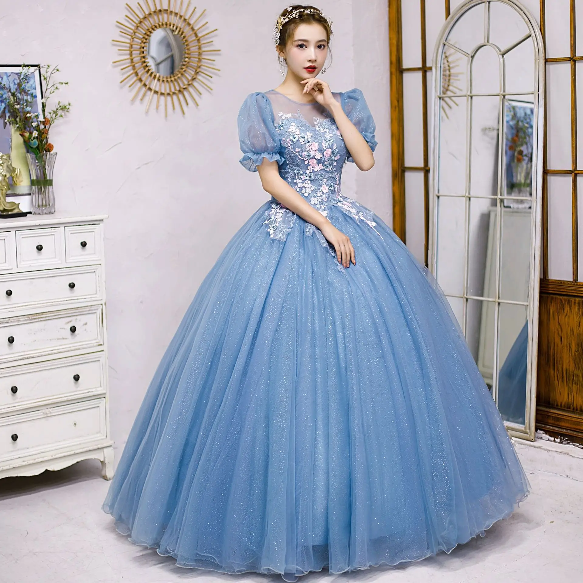 

GUXQD Blue Ball Gown Women Evening Dresses Appliques Shiny Scoop Neck Prom Birthday Party Gowns Vestido De Noche robes de soirée