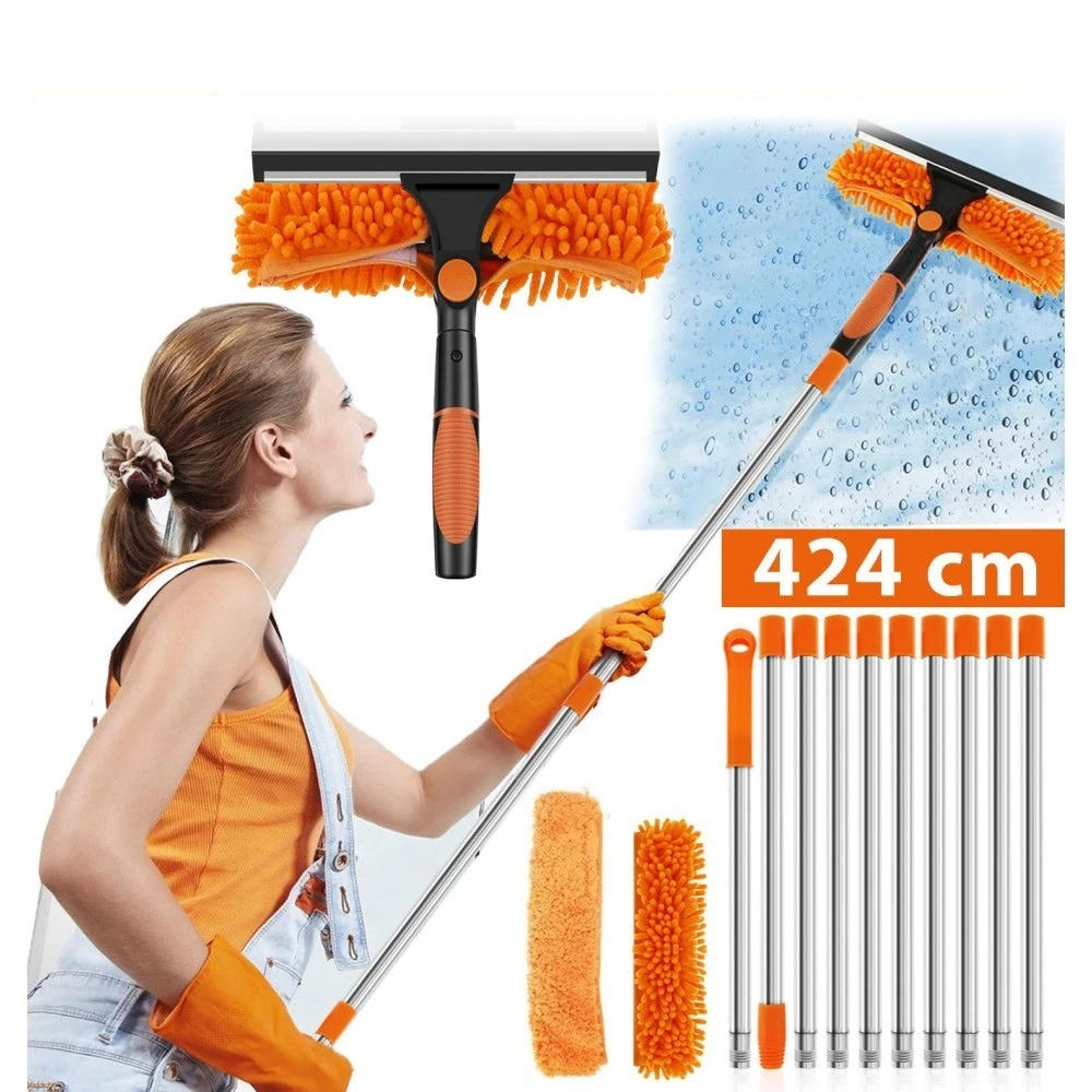 Spazzola per la pulizia 424CM, strumenti per la pulizia dei vetri con raschietto in gomma, set di spazzole per la pulizia 3 in 1 con manico allungabile regolabile, ideale per soffitti, pareti, camere