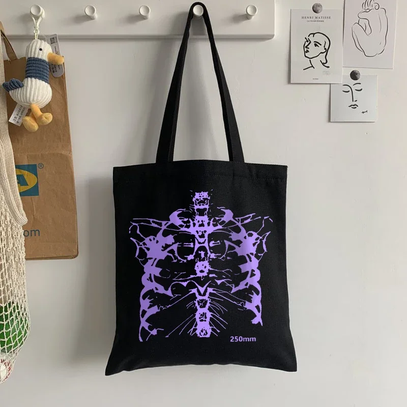 Gothic Skull Print Canvas Bag Skeleton Anime Shopper Bags Harajuku Casual Women Shoulder Bag Vintage Street Tote Пляжная Сумка