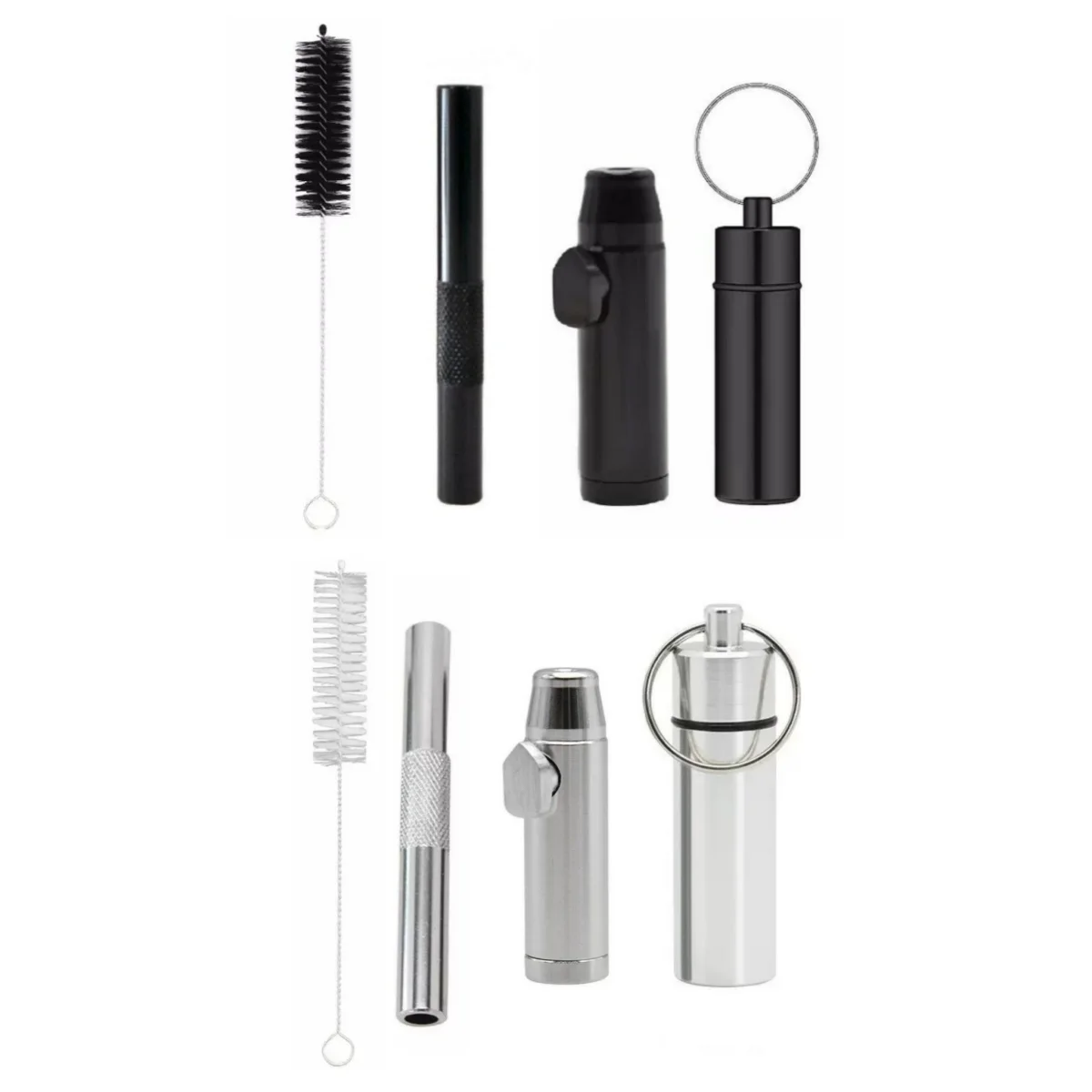 All-in-One Silver/Black Kit Metal Bullet Dispenser Aluminum Alloy Tube Portable Stash Jar Container With Cleaning Brush