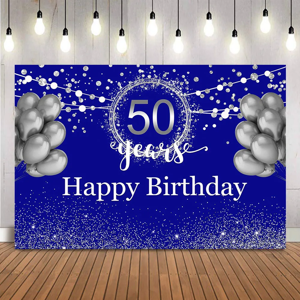 

Blue Birthday Backdrop Grey Balloons 50th Birthday Photo Booth Background Sliver Glitter Shining Dot Photocall Decoration Banner