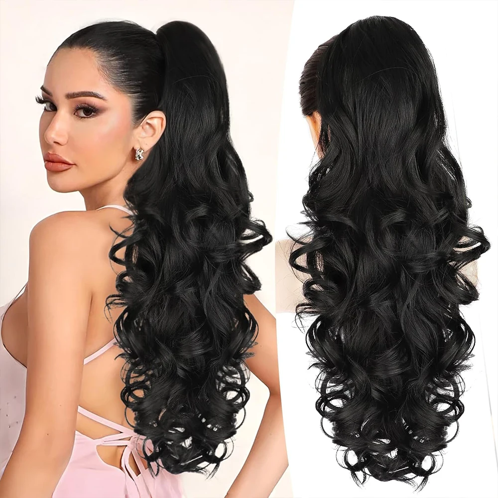 

24 Inch Claw Clip Ponytail Hair Extension Long Wavy Black Natural Synthetic Pony Tail for Women Daily Use