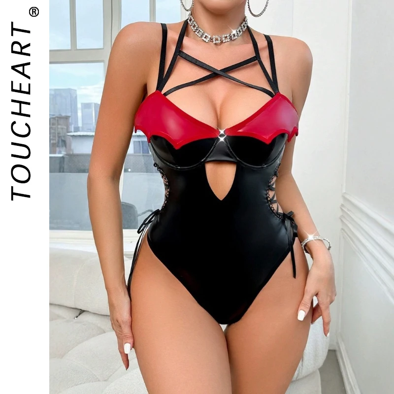 

Toucheart Sexy Lingerie Onesie Women PU Patchwork Lace Up Hollow Out Women's Onesie Sexy Contrast Color Plunge Backless Onesie