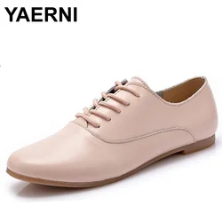 YAERNI Spring women oxford shoes ballerina flats shoes women genuine leather shoes moccasins lace up loafers white  051