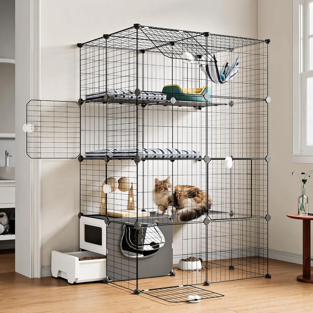 

Cat Cage with Litter Box, 4-Tier DIY Enclosures Detachable Metal Wire Kennel Indoor Crate Large Exercise Place Ideal