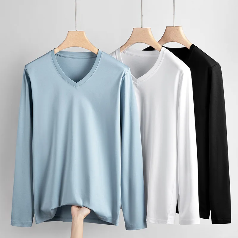 

T-shirt white V-neck long sleeve men spring solid color pure cotton blouse base