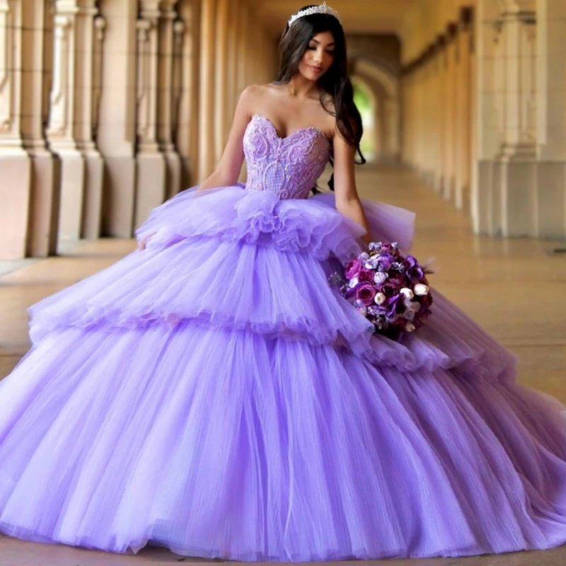

Лавандовые платья Quinceanera с открытыми плечами, аппликация с блестками, корсет с бисером, многоуровневое тюлевое платье для вечеринки, дня рождения, сладкое платье 16, Vestidos