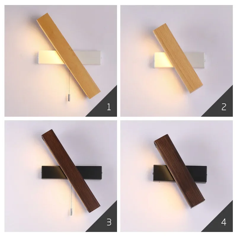 Nordic LED madeira maciça leitura lâmpada de parede, 360 ° Rotatable, 3 cores variável luz, teto luz, quarto, cabeceira lanterna