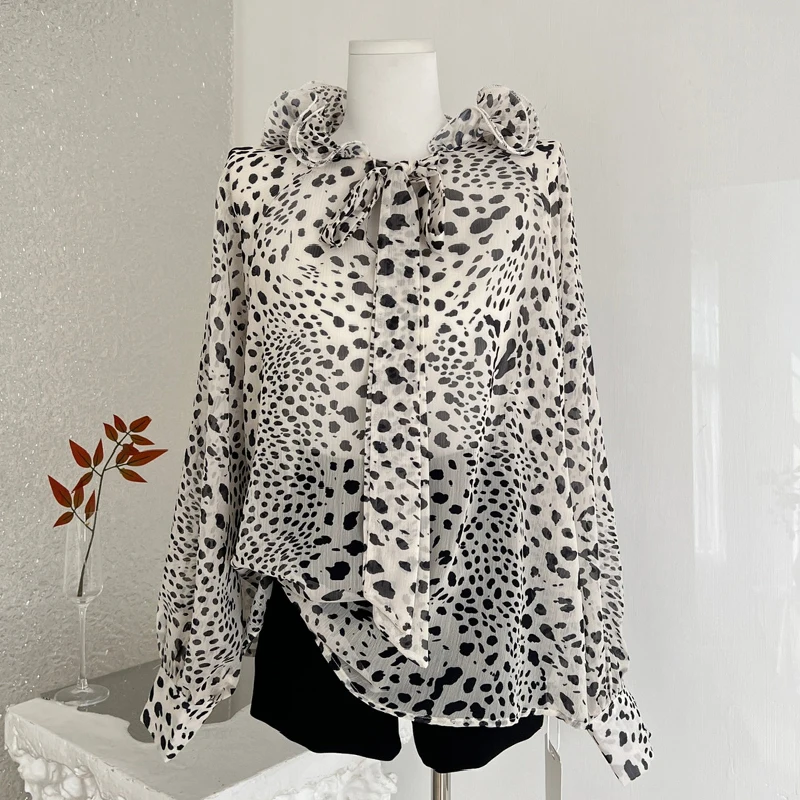 

Женские блузки с рюшами и лентами, с длинными рукавами-фонариками, для офиса и повседневной носки, с цветочным принтом, из шифона