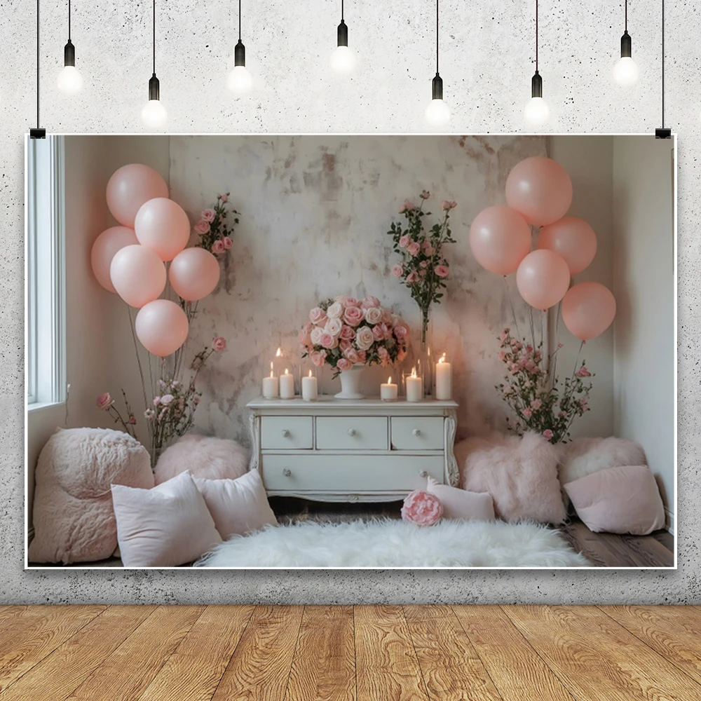 Valentine's Day Photography Background Pink Rose Flowers Balloon Candle February 14th Bridal Shower Wedding Party Photo Backdrop