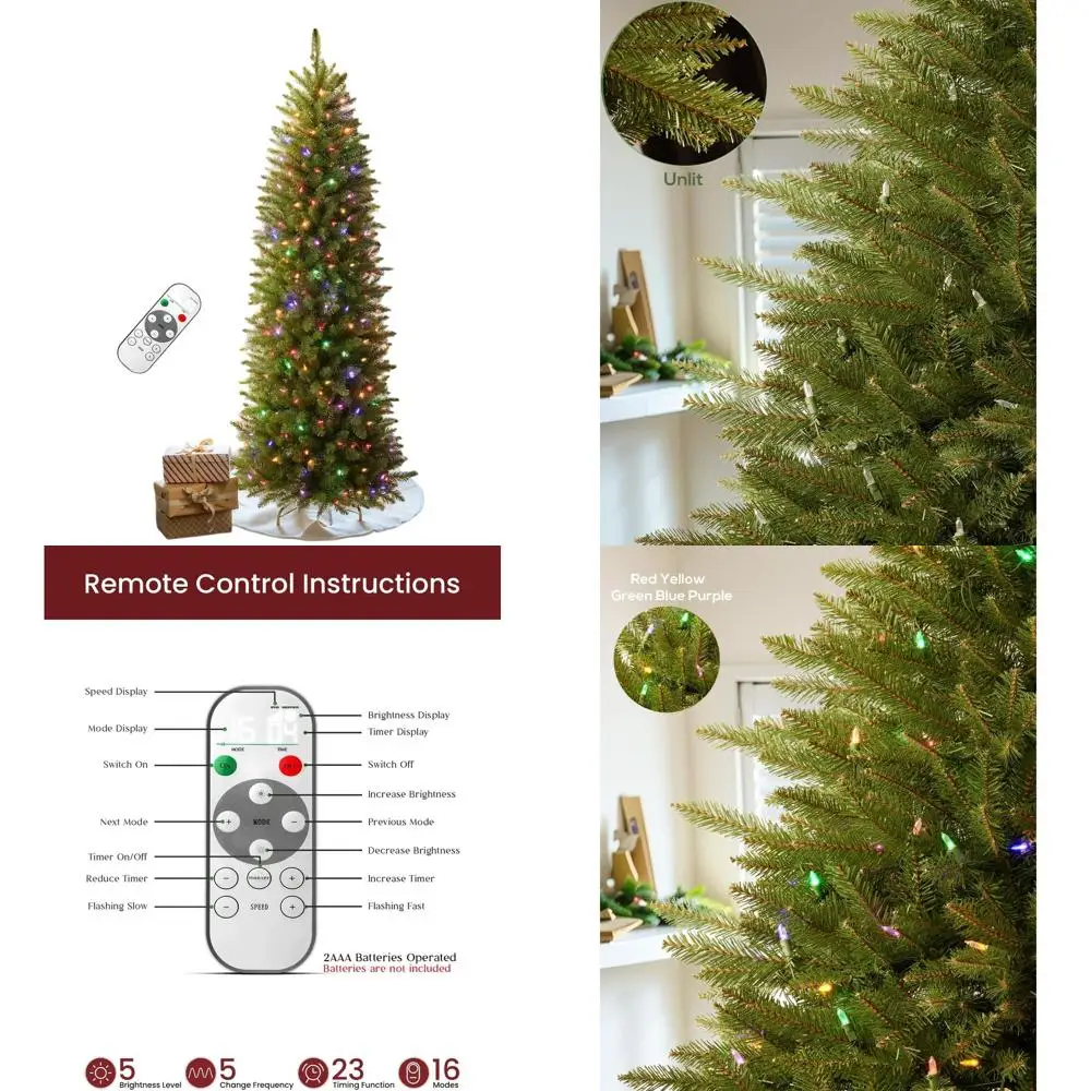 

Pre-lit Slim Artificial Christmas Tree with Remote Control, 150 Multi-Color LED Lights, 4 Feet Tall, Realistic Spruce for Home H
