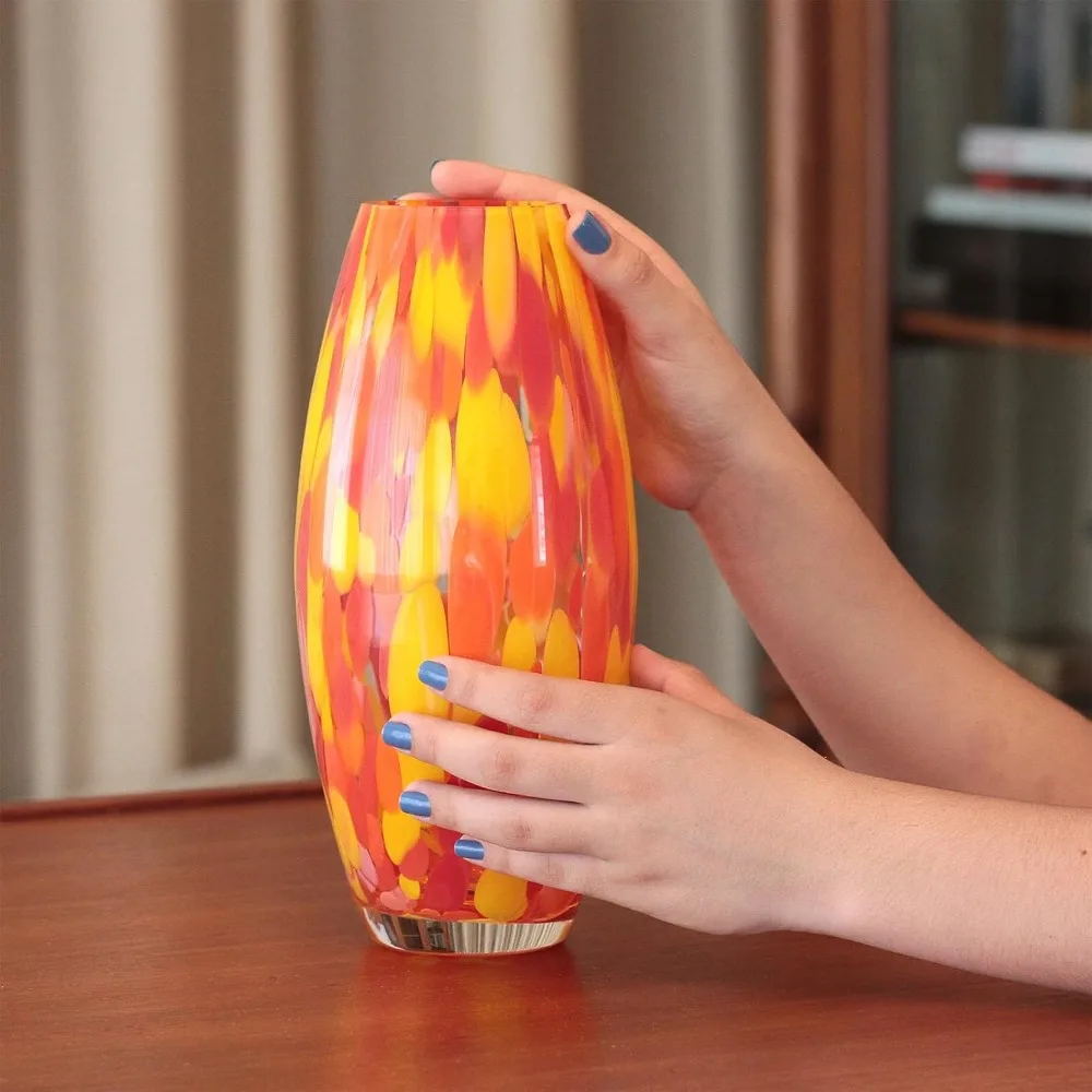 مزهرية زجاجية Ca D Oro برتقالية/أصفر، زجاج فني على طراز مورانو منفوخ يدويًا للزهور والديكور - موديل Oliva G