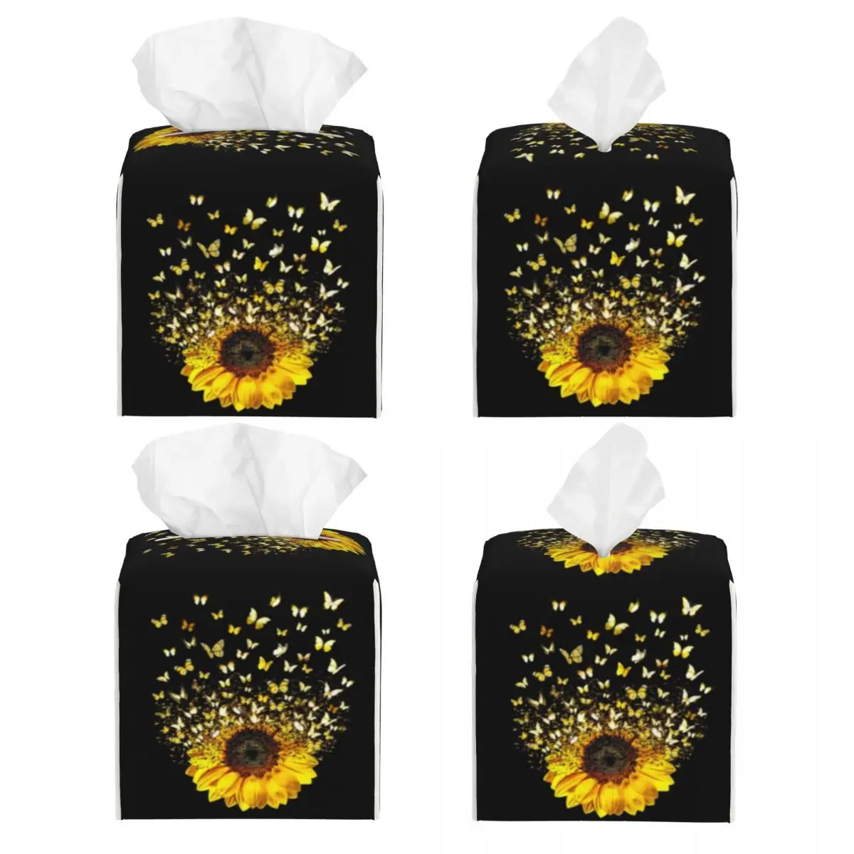 Custom Butterfly Sunflower Flying Gift Tissue Box Cover PU Leather Square Flower Facial Tissues Holder for Car