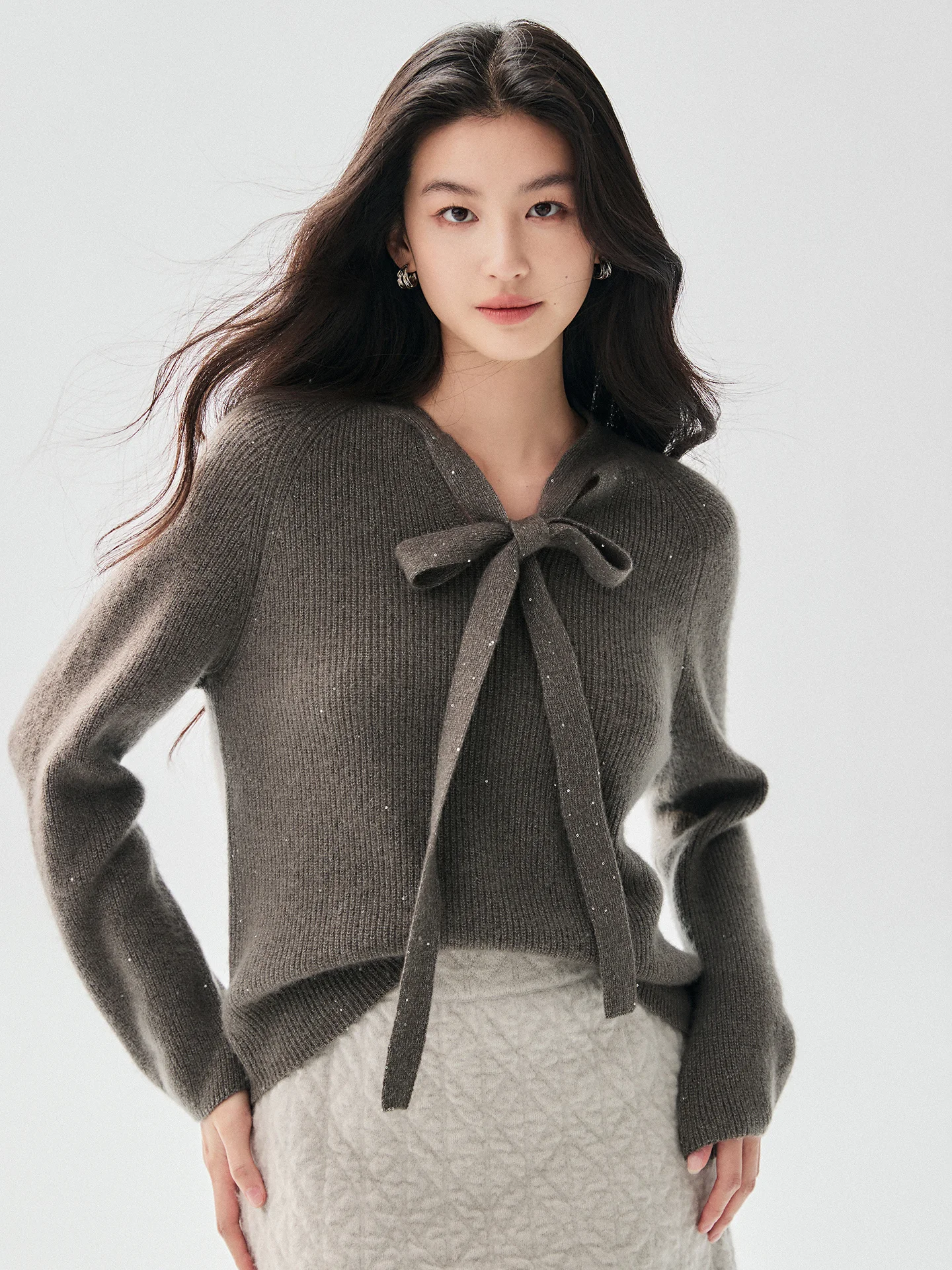 TLOML Women's 100% Cashmere Sweater Long Ribbon Solid Pullover Autumn Winter Cashmere Knitwear Office Lady Soft Warm Chic Tops