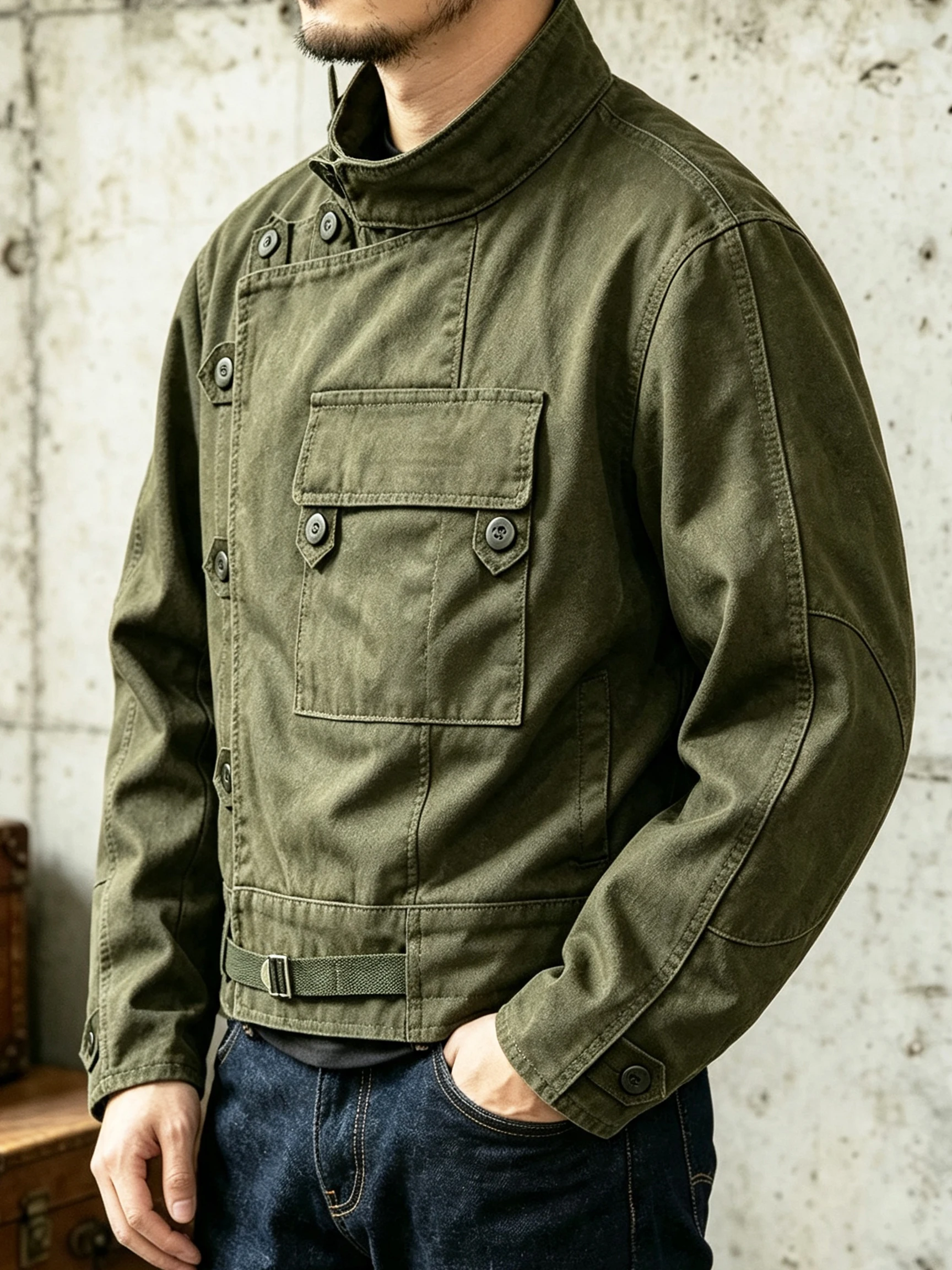Swedish Motorcycle Jacket, Men's Retro Military Green Casual Cropped Jacket, 100% Cotton Canvas Workwear Asymmetric Safari Style 3