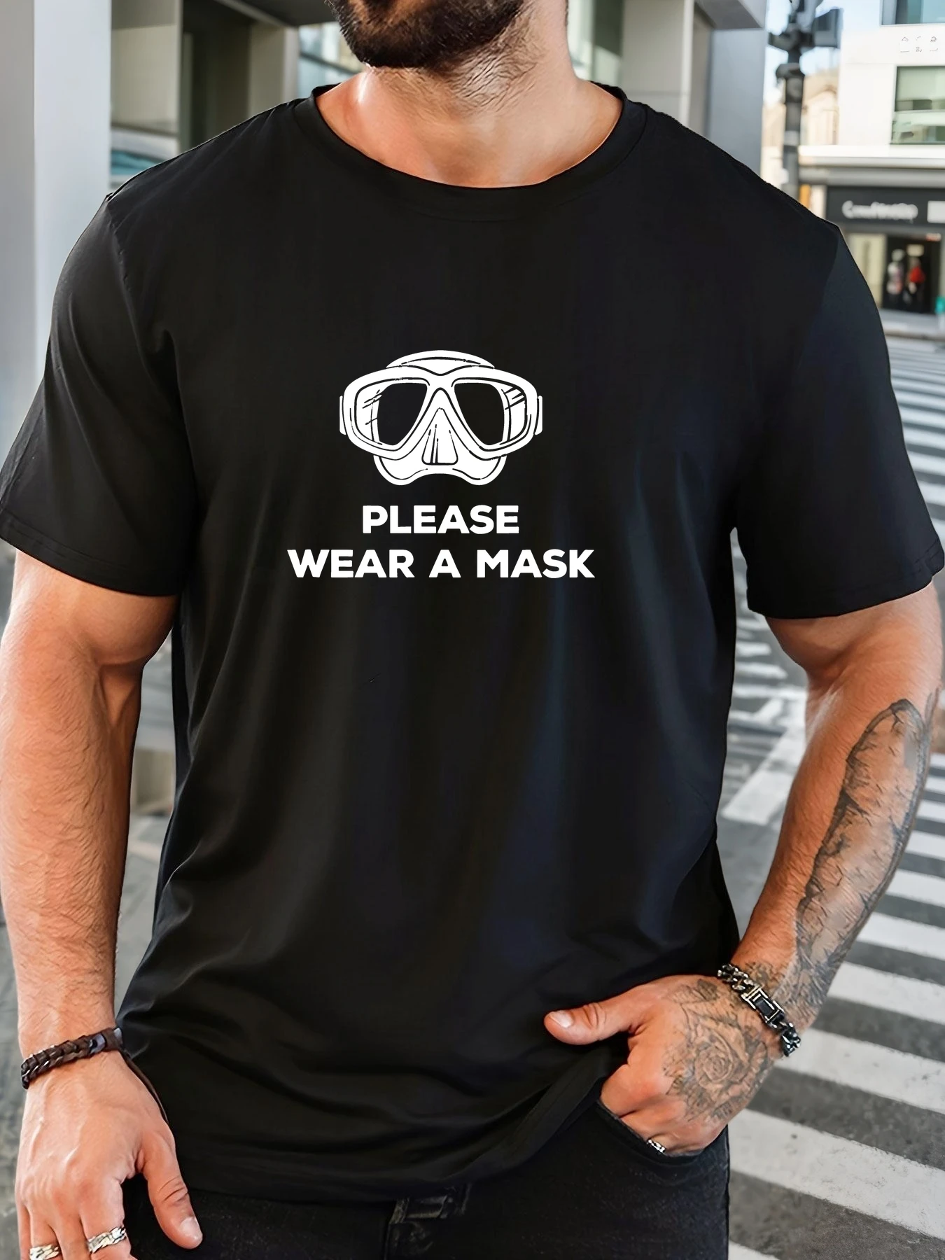 

MEN PLEASE WEAR A MASK pattern summer casual crew neck short T-shirt