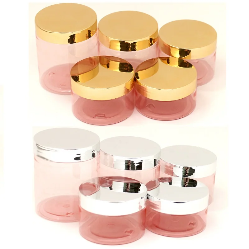 24pcs Light Red Plastic Cream Jar Shiny Gold Lid Empty Cosmetic Container Face Cream Pot Packaging 100ml 120ml 150ml 200ml 250ml