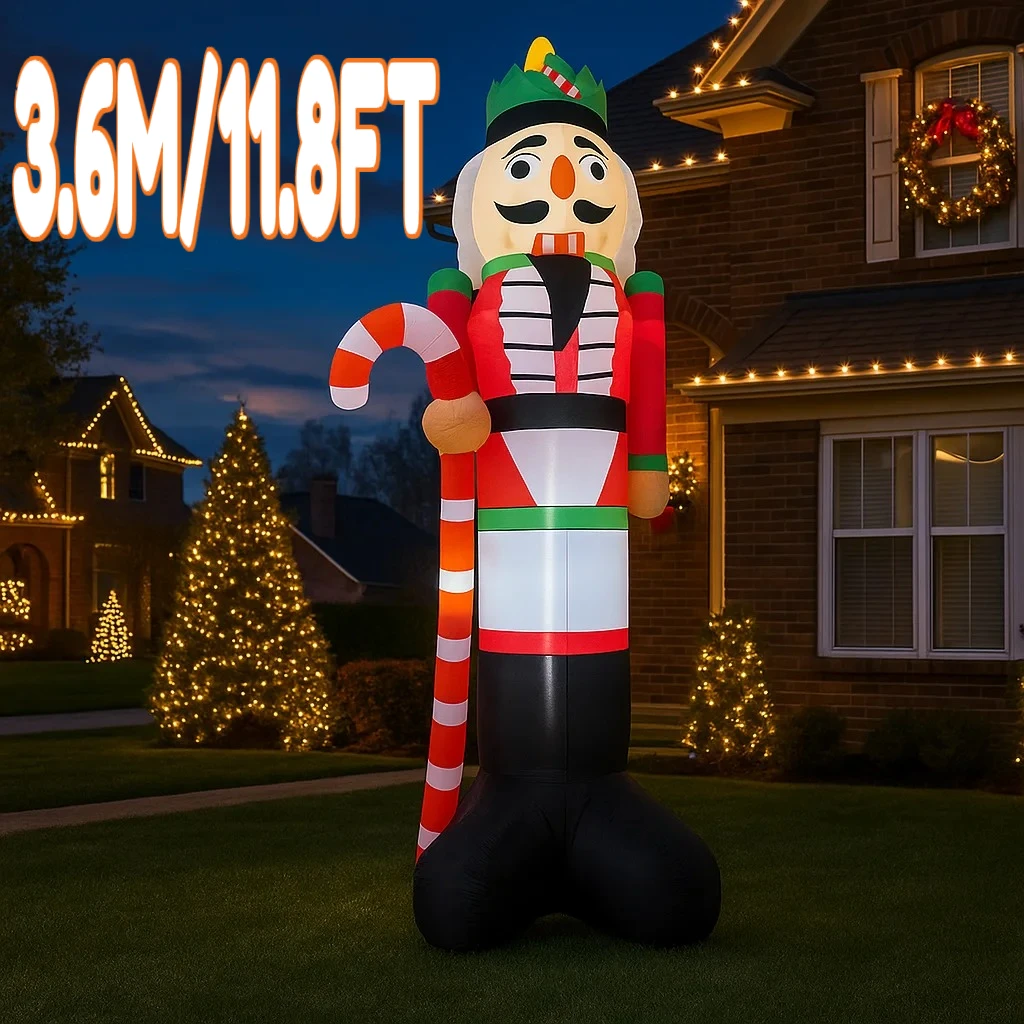 3.6M/11.8FT Inflatable Nutcracker Soldier with Candy Cane Lights LED Home Holiday Lighting Decor Yard Xmas Supplies Prop