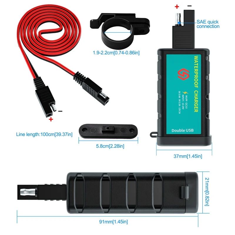 12-24V Motorcycle Double USB 3.4/2.5A Charger SAE To USB With ON/Off Switch Quick Charger