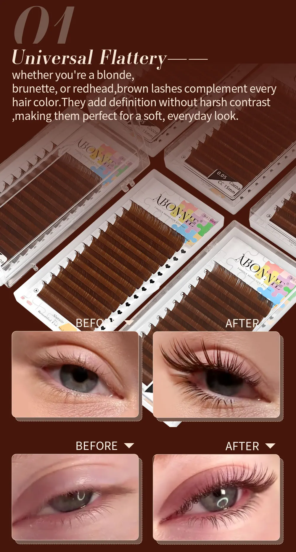 Abonnie LB LC Dunkelbraune Wimpern, Braune Farbe, Klassische Wimpernverlängerungen, Foxy Eye, Flauschige Einzelwimpern – Detail 3