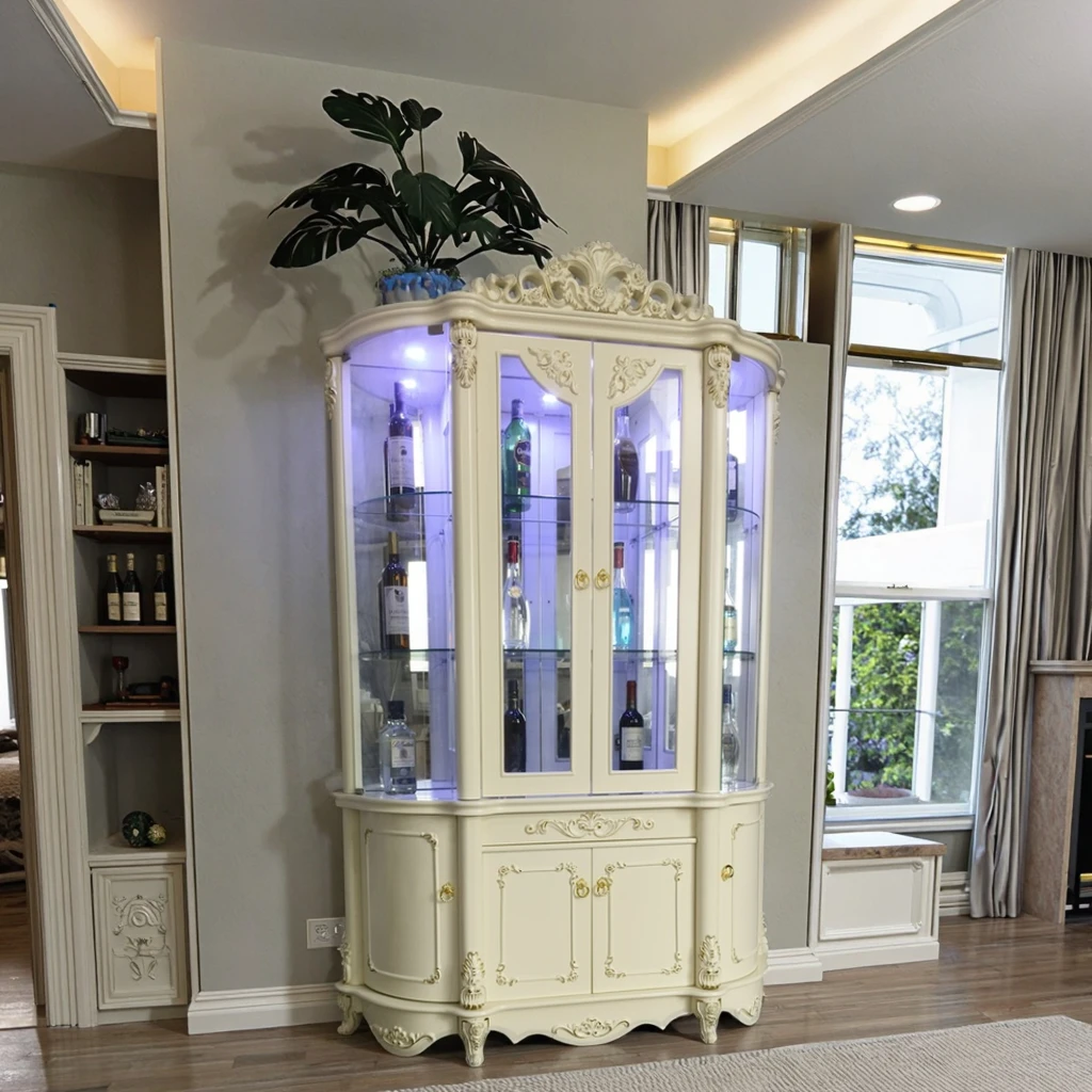 

European Design Luxury White Royal Wooden Sideboard Wine Rack Cabinet Elegant Home Bar Furniture for Living Room Glass Display