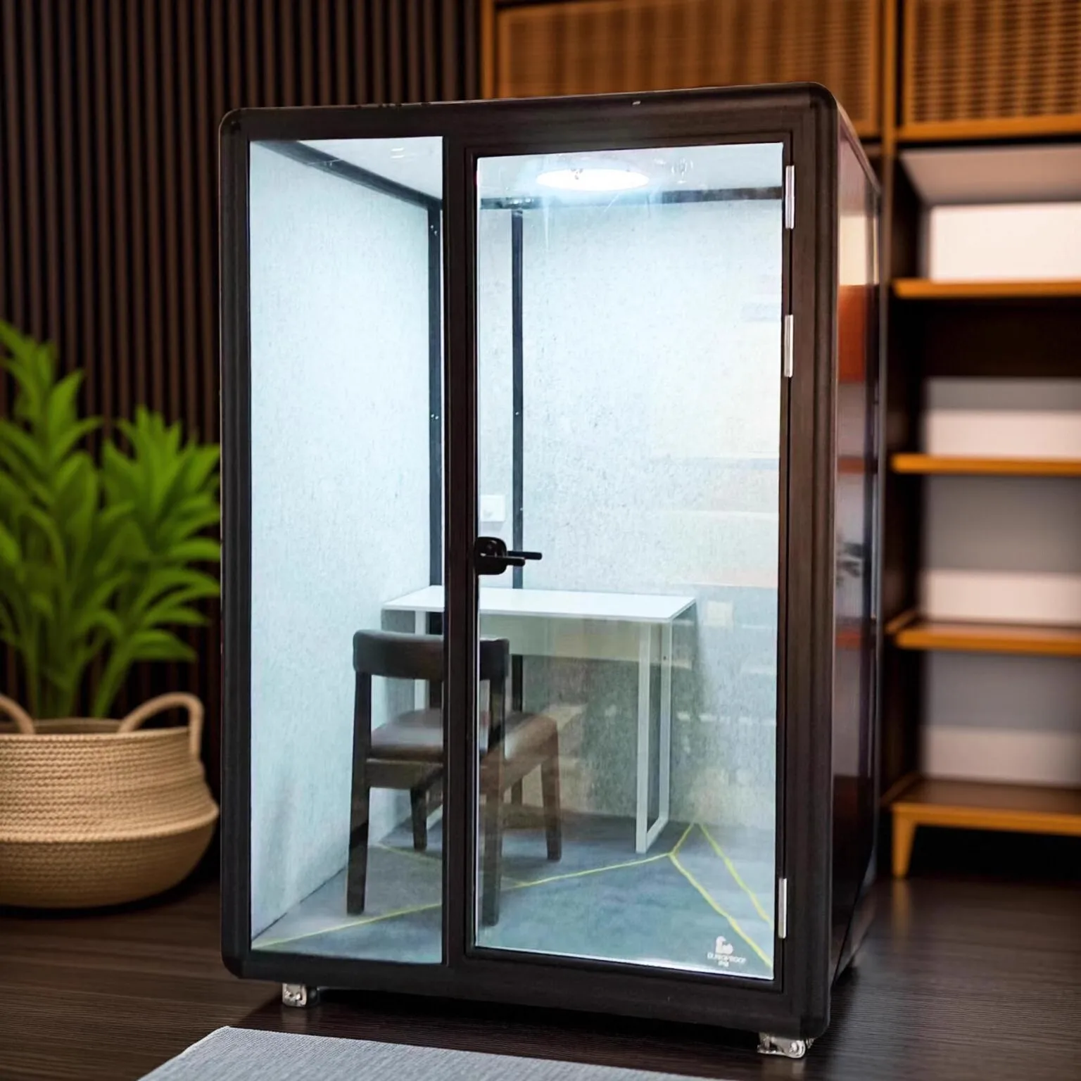 Large portable modular office pod indoor and outdoor noise reduction meeting booth to provide sound absorption for busy