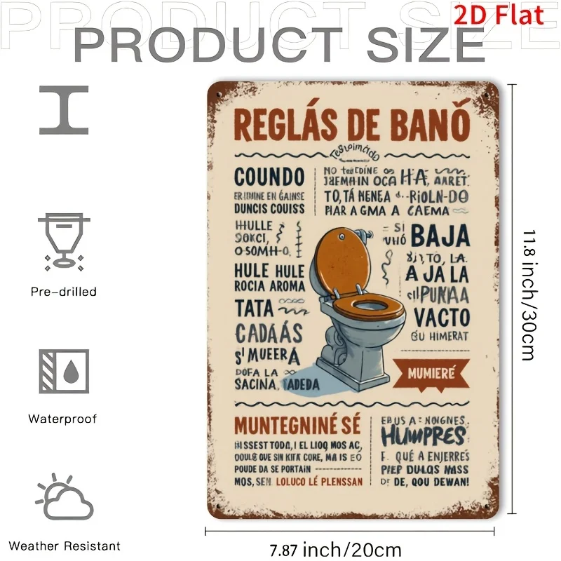 2D Flat,1pc Spanish Bathroom Rules Sign-Vintage Spanish Style  Decorative Plaque Spanish Language Text for Housewarming Gift