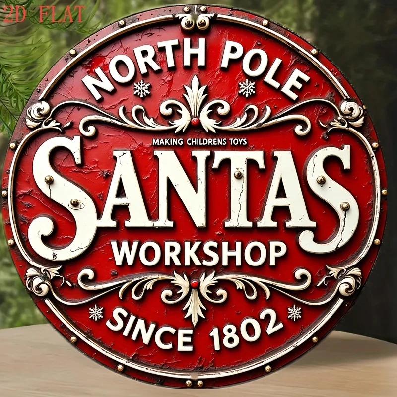 1pc Vintage Santa'S Workshop North Pole Christmas Sign - Red & Golden Holiday Decor with Floral accents, Heavy-Duty Aluminum