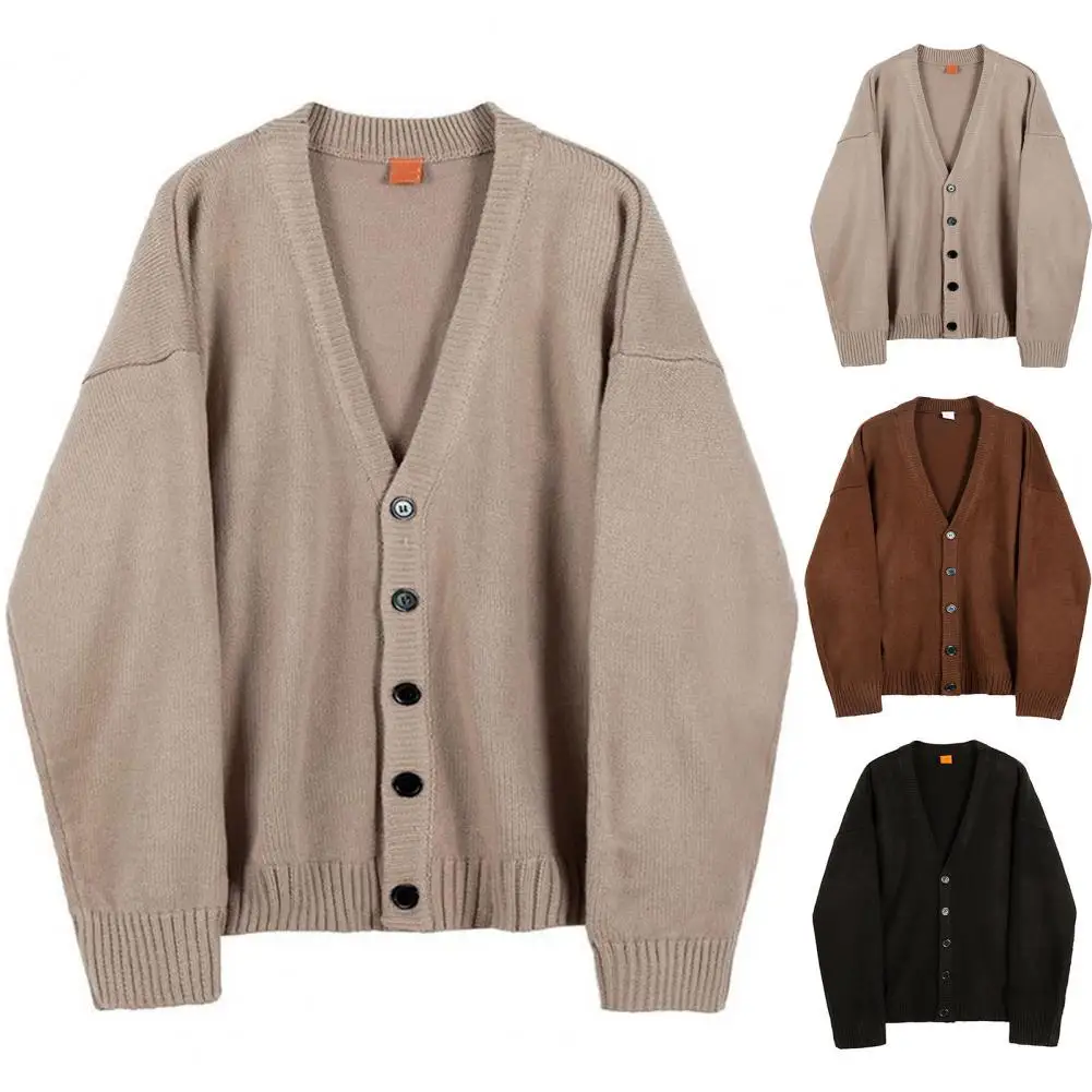 Trendy Soft Thickened Elastic Men Autumn Winter Solid Color Buttons Placket Knitted Coat Sweater Coat Cold Resistant