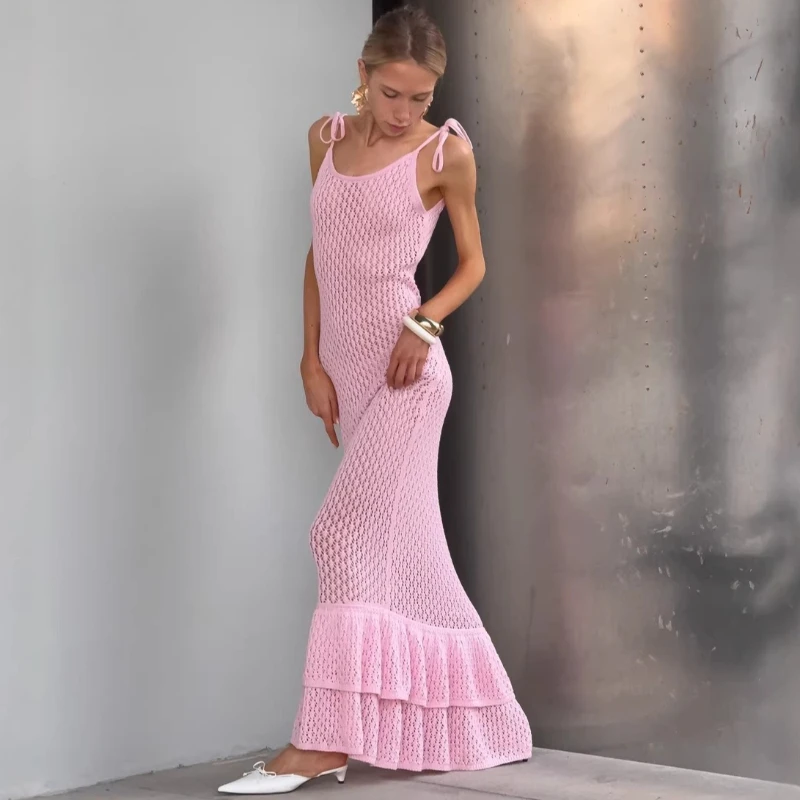 

Tsiisd Summer Beach Knit Long Dress Women Hollow Out Backless Sexy Resort Vacation Ruffle Dress Female Bodycon Dress 2026 New