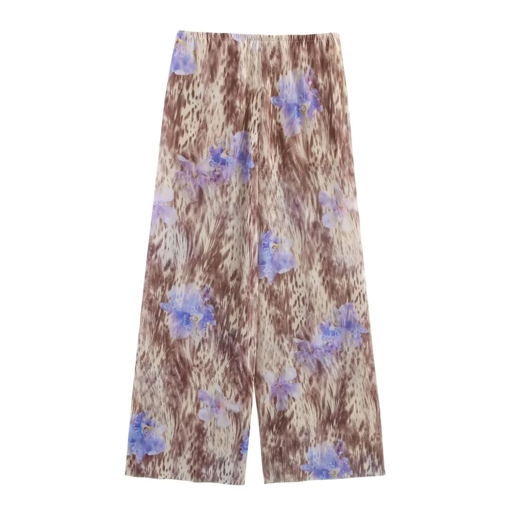 Women's V-neck Printed Silk Mesh Double breasted Top and Pants Spring/Summer New Women's Clothing