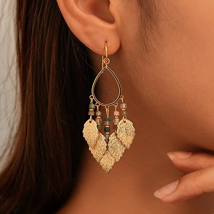 

Pair of Trendy Stylish Bohemian Golden Dangle Earrings Leaf Design Match Retro Daily Outfits Party Accessories Fashionable Stuff