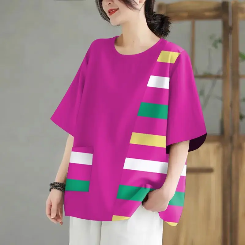 

Лето 2023, новые футболки с круглым вырезом и короткими рукавами и карманами, женские повседневные универсальные свободные женские топы с корейским принтом, большие размеры