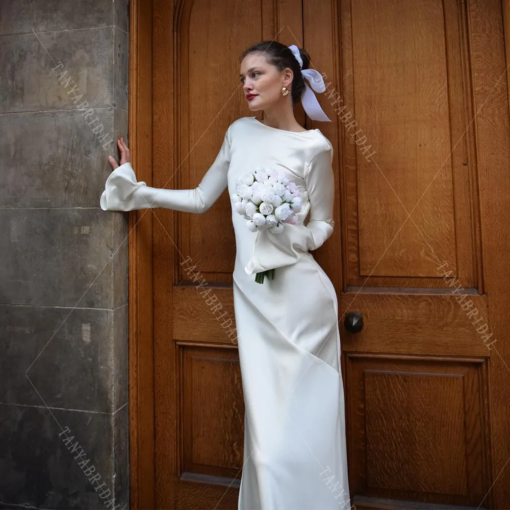 Customized Soft Satin Backless Wedding Dress High Side Split Ankle Length Bridal Party Dress Long Sleeve Chic Bridal Gown