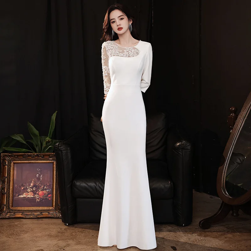 Elegant Solid White Evening Dress Women's Spliced Mesh O-Neck Three Quarter Sleeve Sexy Perspective Backless Cocktail Dress