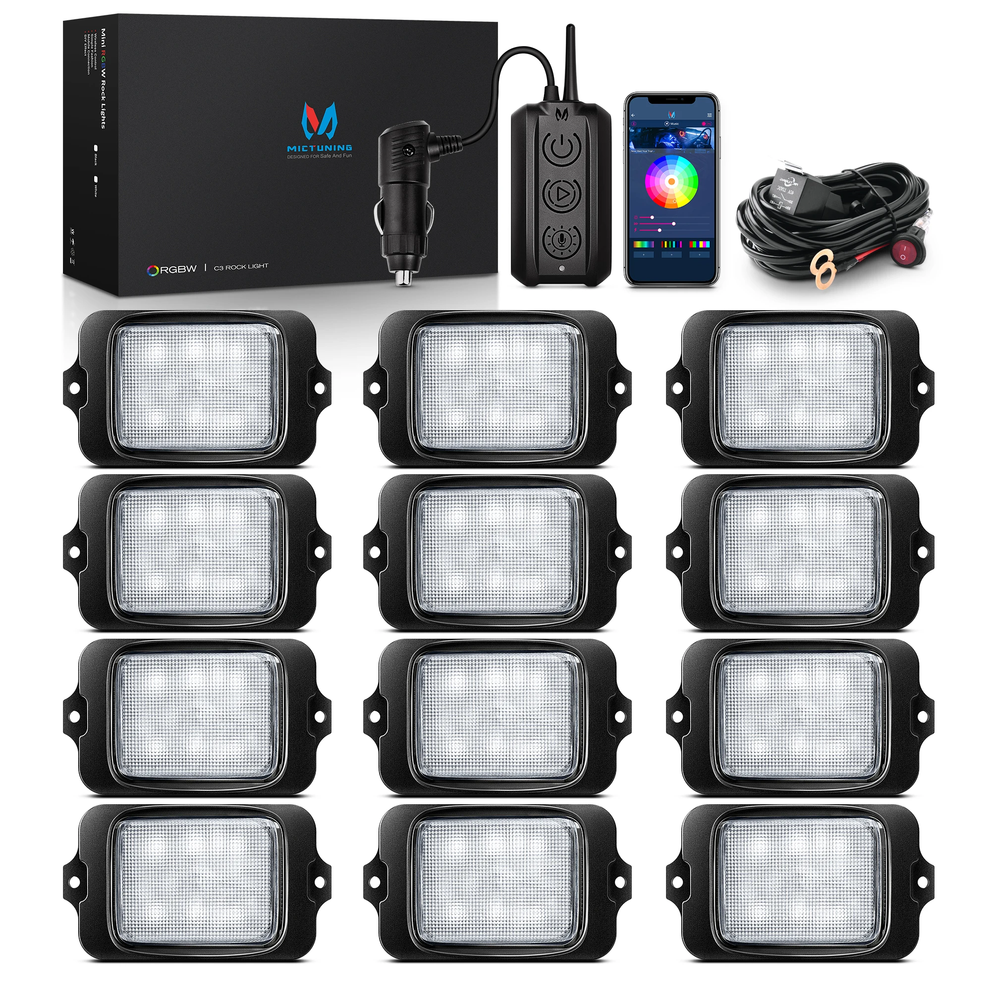 MICTUNING 12 Pods RGBW LED Rock Lights Multicolor Underglow Neon Light Kit Wireless App Controller Music Mode for SUV ATV lights