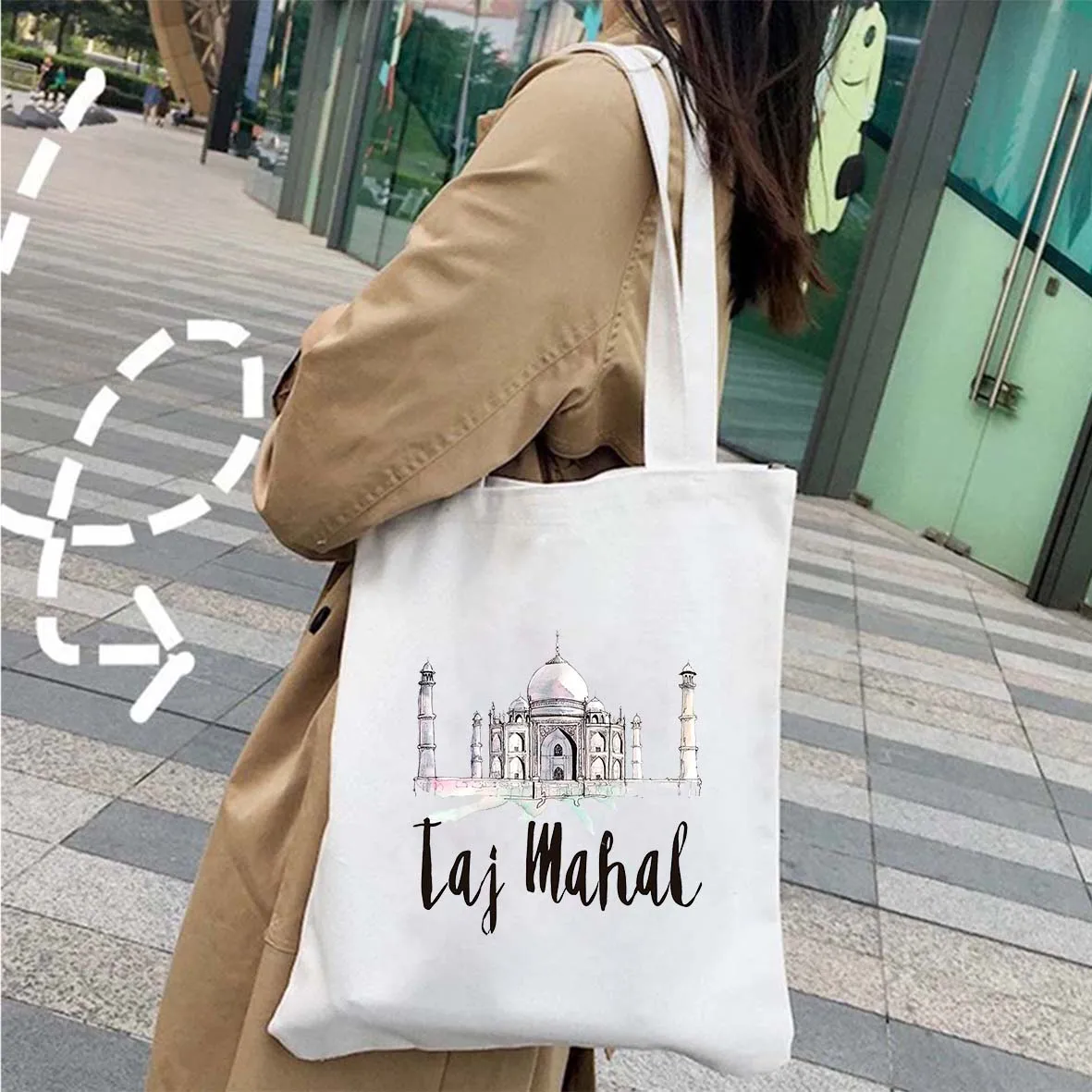 New York Amsterdam Taj Mahal Moscow Paris Milan Letter Print City Women\'s Canvas Shoulder Totes Bag Cotton ECO Shopping Handbags