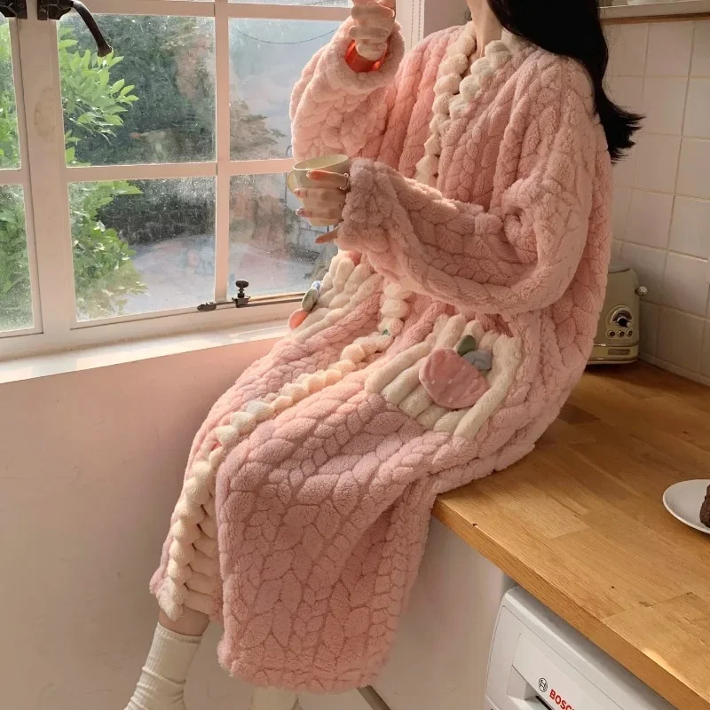 

Coral Velvet Night-robe Women's Autumn Winter Fleece-lined Thickened Flannel Sle Bathrobe Winter Materni Pajamas Homewear