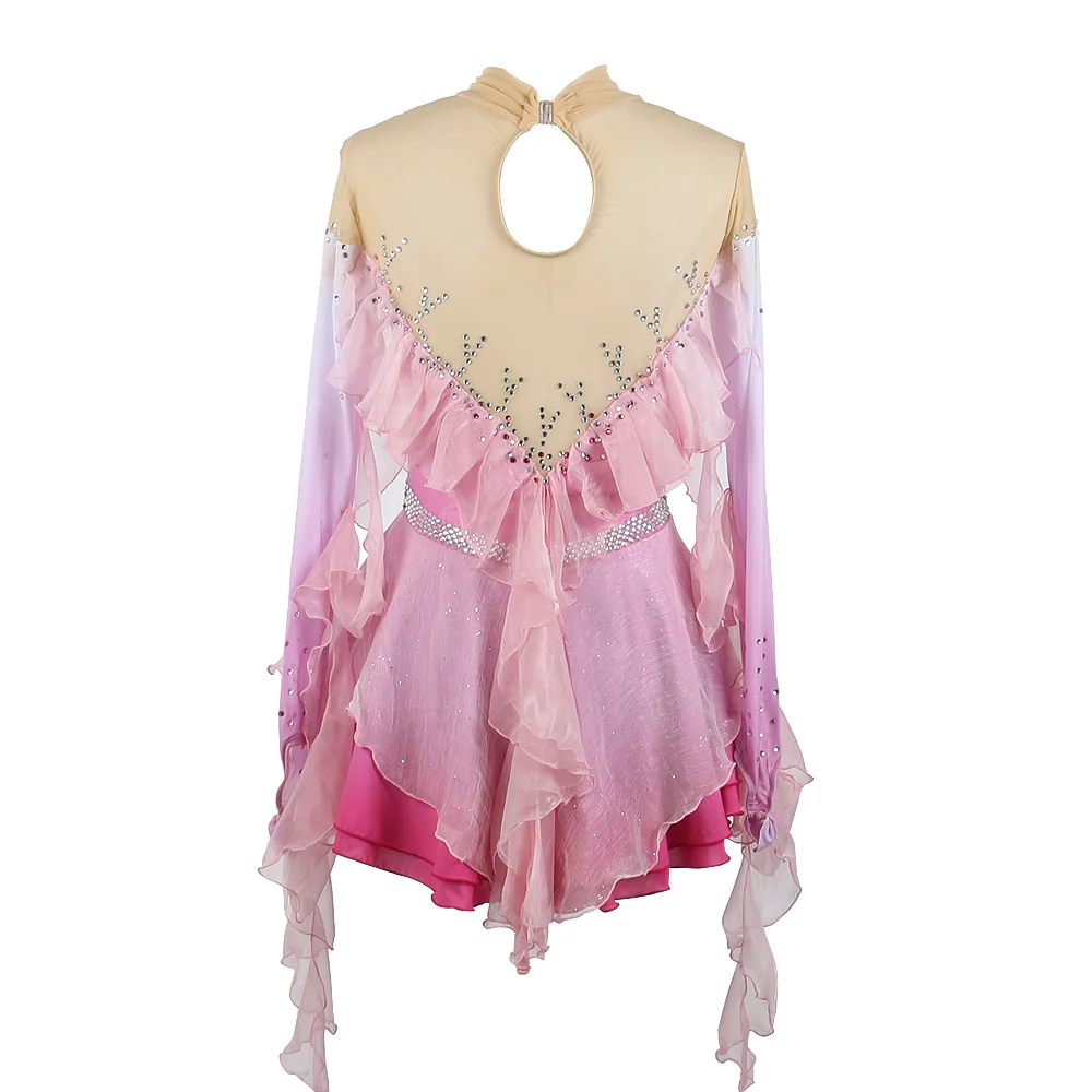 Custom Figure Skating Dress Light Pink Long Sleeved For Women And Girls Ice Skating Clothes Floating Sleeves With Rhinestones