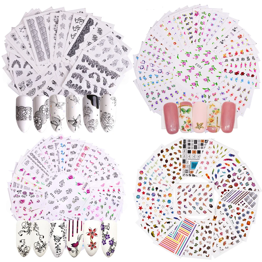 Buntes Nagelkunst-Aufkleberset mit gemischten Designs - DIY-Wassertransfer-Aufkleber mit Blumen, Schmetterlingen, Federn und Blättern für Nageldekoration – Detail 1