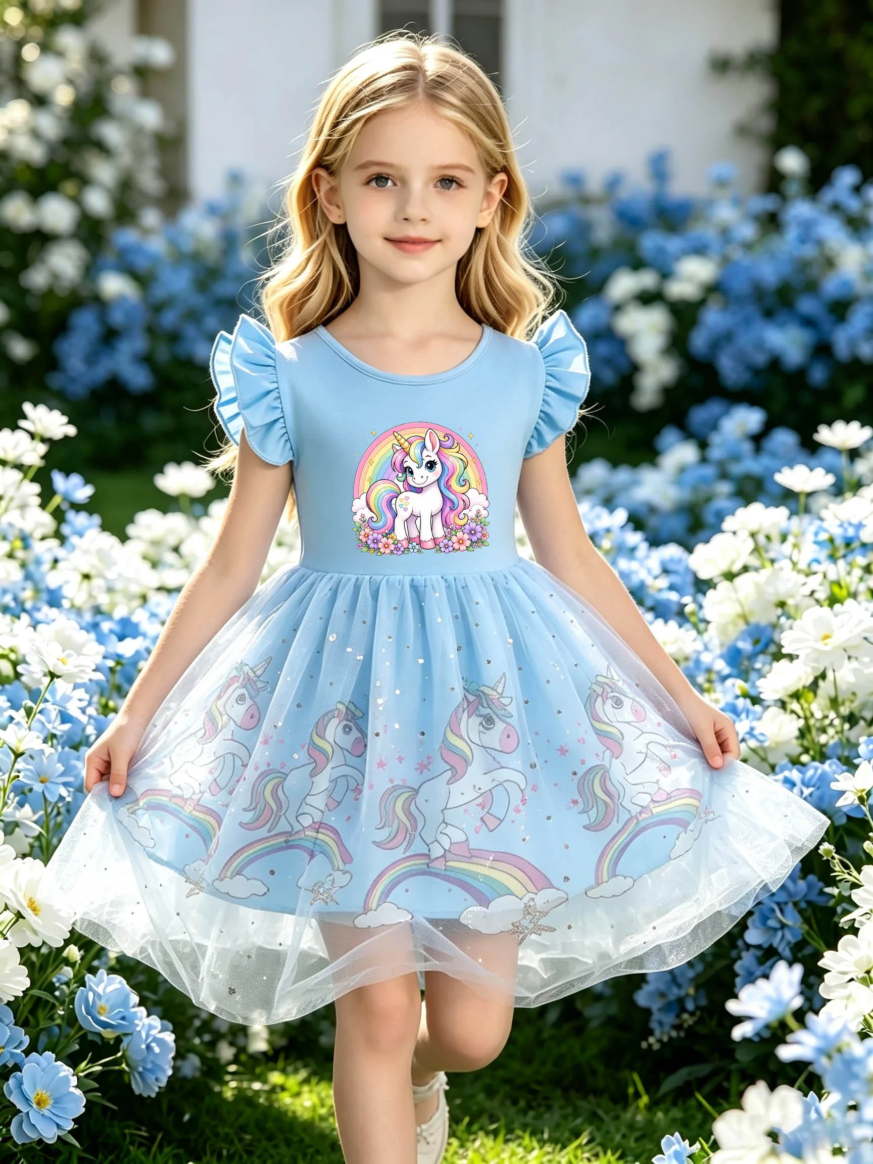 Little Girls' Light Blue Floral Rainbow Unicorn Flutter Sleeve Dress, Sparkly Star Tulle Puffy Princess Dress