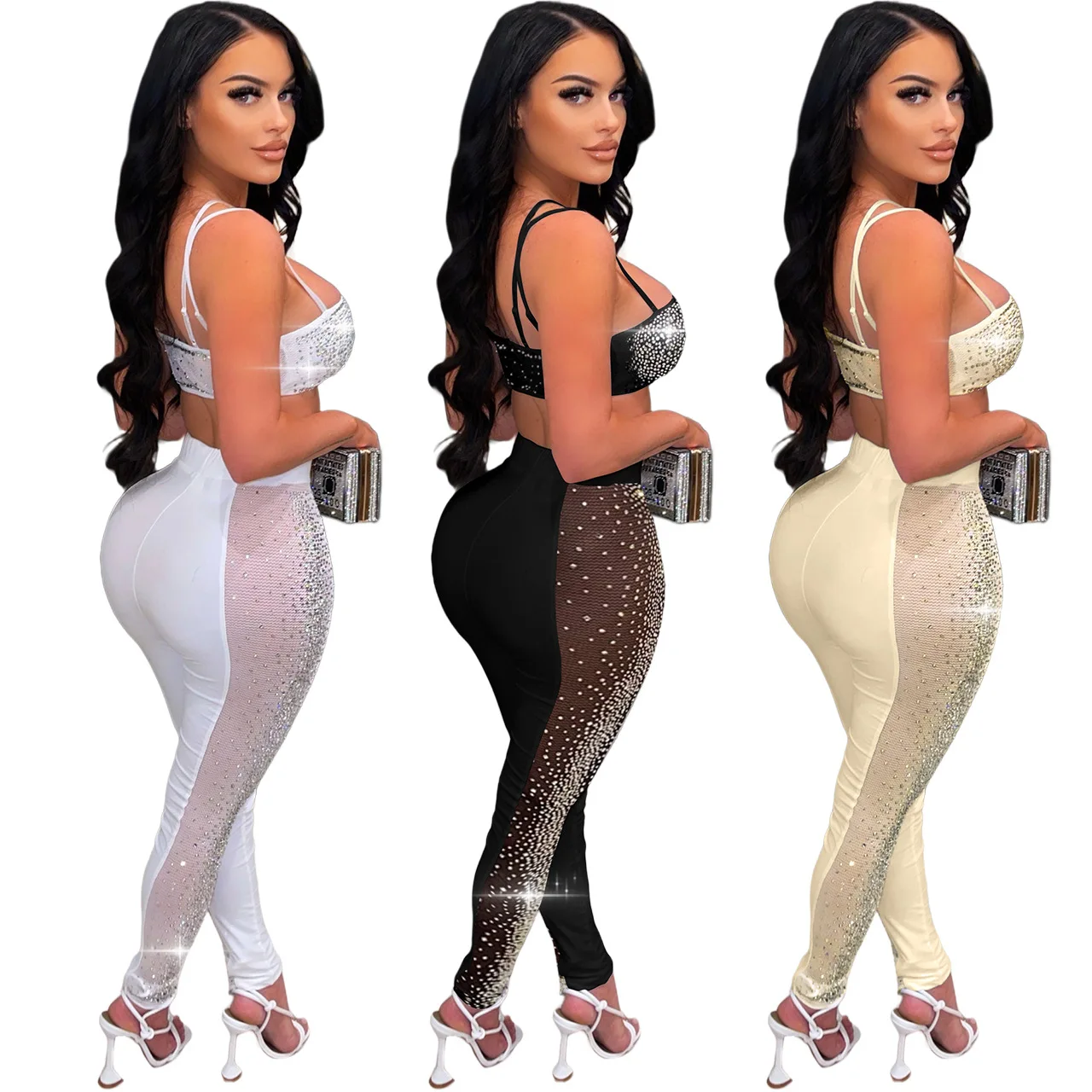 Fashion Women Jumpsuit Black White Khaki Hot Drill Perspective Sexy Two Piece Set Women\'s Pants Elastic Evening Club Playsuit