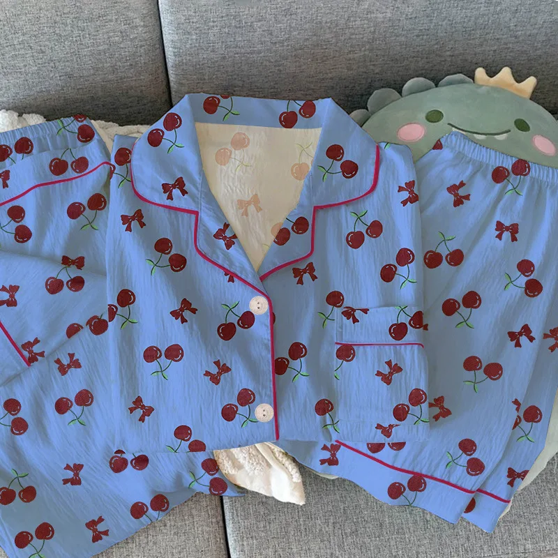 

Spring and Summer New Ladies Korean Pajamas Wrinkled Cloth Pajamas Girls Casual Sweet Homewear Short-Sleeved Three-Piece Suit
