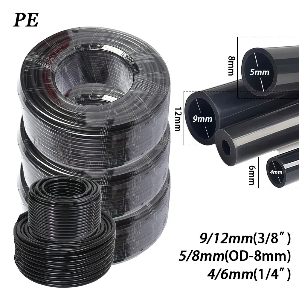 Mangueira de Irrigação por Gotejamento PE Preta OD-6mm 8mm 12mm 4/6mm 5/8mm 9/12mm 10/20/30/50M, Tubo de Irrigação à Prova de Pressão 3/8" 1/4"