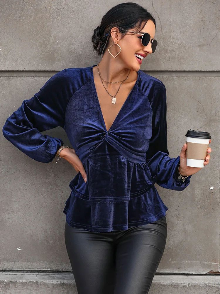 Europe and the United States foreign trade women\'s 2024 autumn temperament fashion kink blouse solid color V-neck velvet blouse