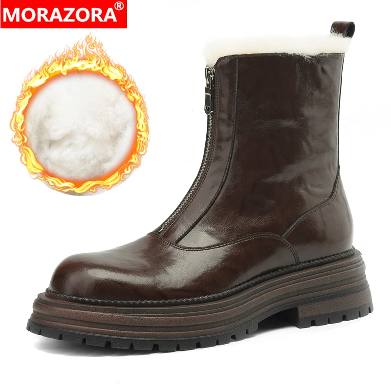 

MORAZORA 2025 New Genuine Leather Wool Winter Snow Boots Women Zip Platform Ankle Boots Thick Fur Warm Handmade Fashion Shoes